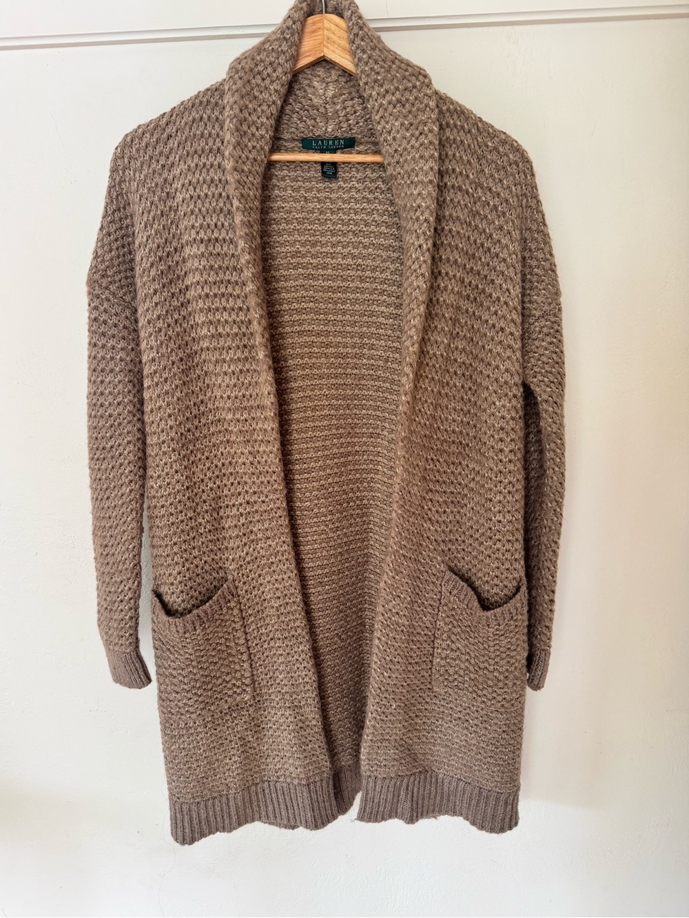 Lauren Ralph Lauren Brown Wool Blend Chunky Knit Long Open Cardigan Sweater